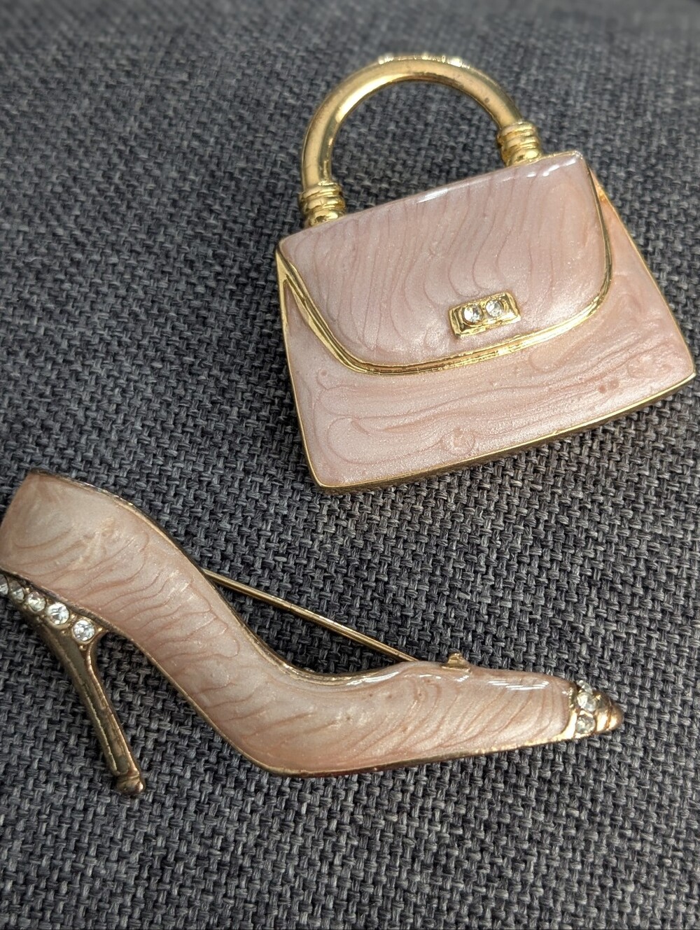 Pink Enamel High Heel & Handbag Brooch Set Rhinestone Gold Tone Fashion Pins